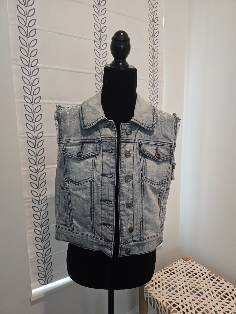 Hot Kiss Light Blue Denim Vest with Frayed Hem and Pearl Accents